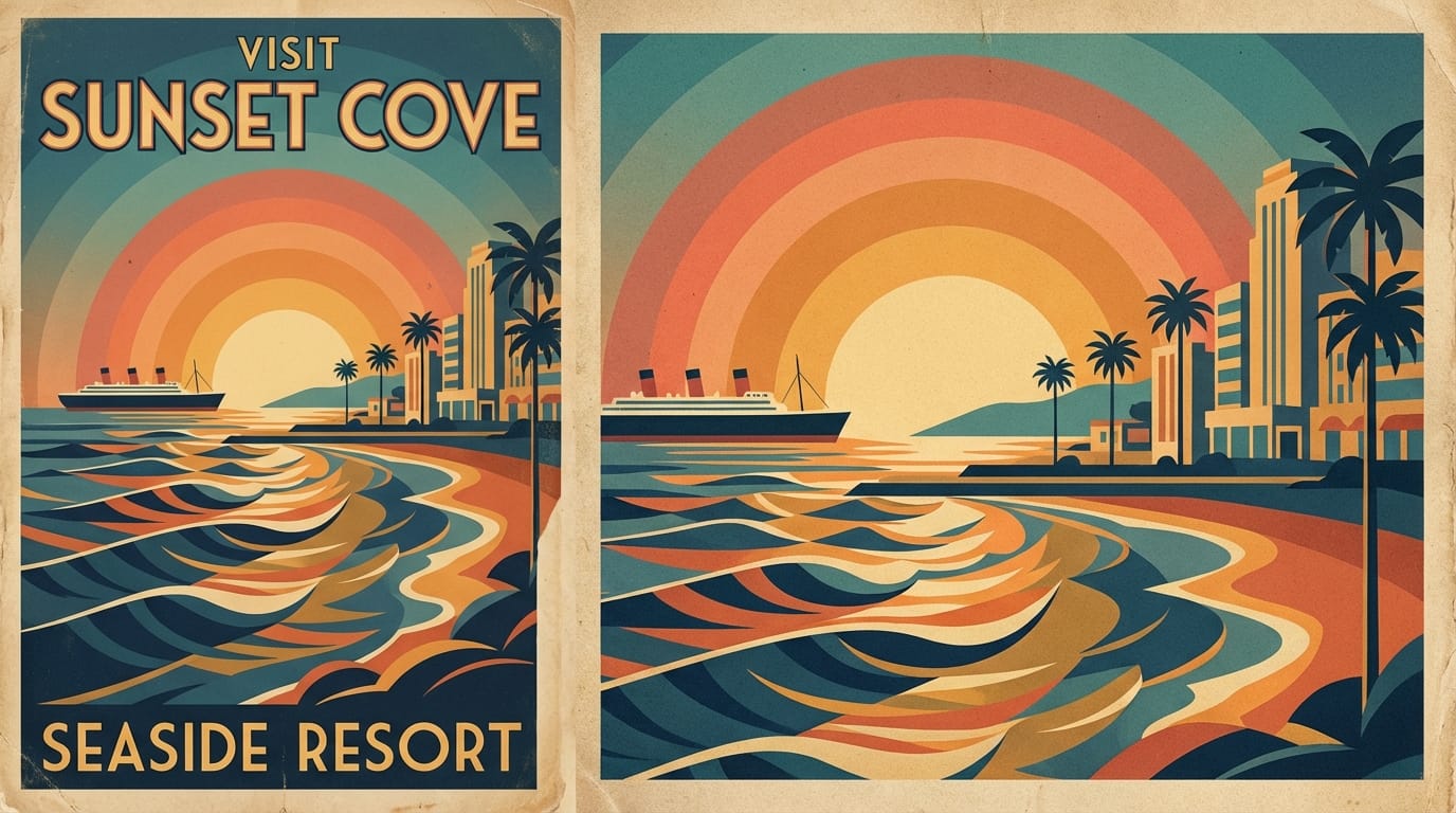 A vintage art deco travel poster for a seaside resort, geometric waves, warm sunset colors, stylized palm trees, grainy paper texture, nostalgic atmosphere, flat colors, classic illustration style