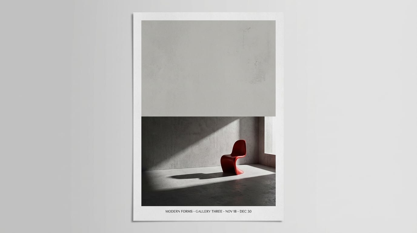A minimalist poster design featuring a single red chair in an empty concrete room, dramatic shadow, high contrast lighting, plenty of negative space at the top, modern art gallery aesthetic