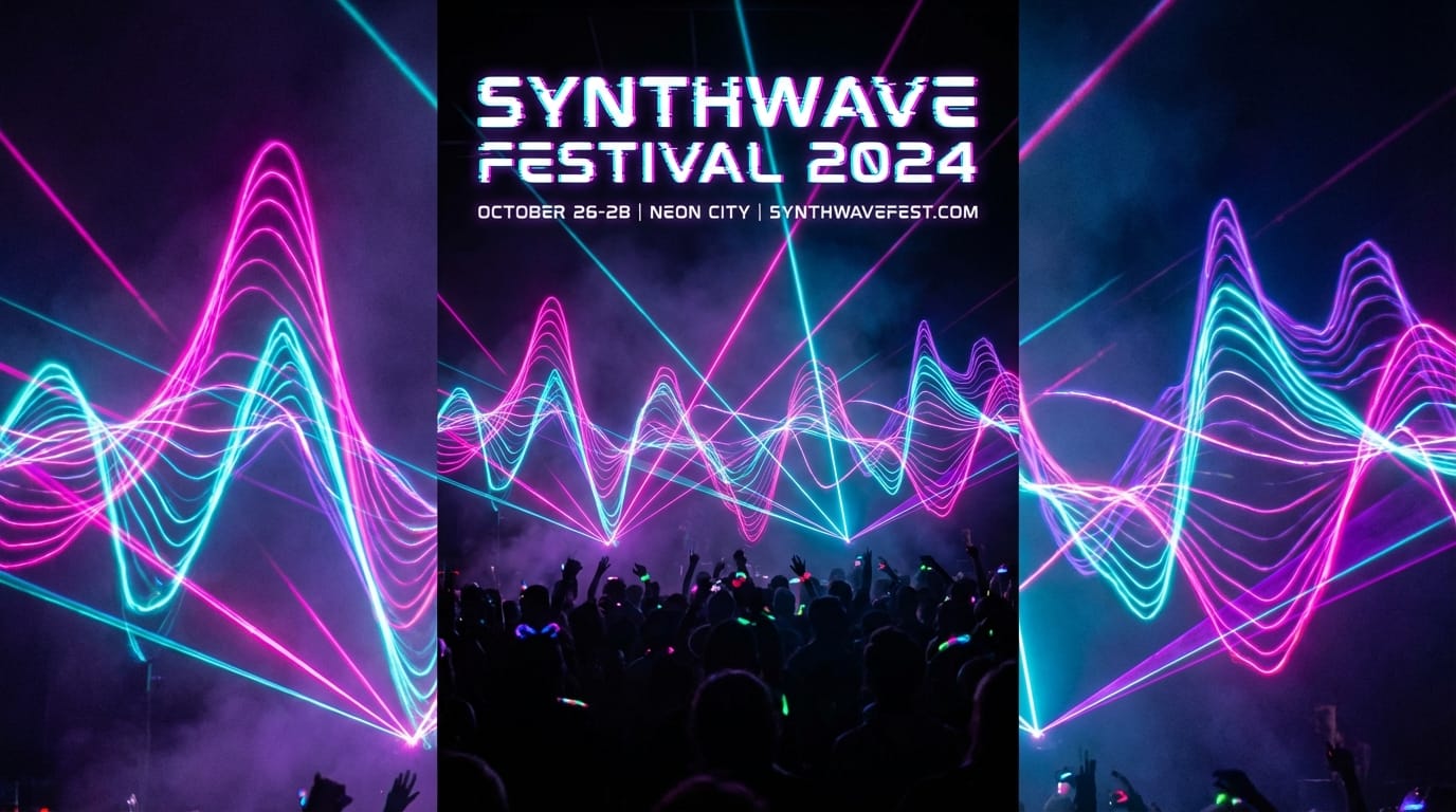 A dynamic electronic music festival poster, abstract sound waves made of neon light, vibrant pink and cyan laser beams cutting through darkness, cyberpunk aesthetic, glitch art effect, high energy, vertical layout