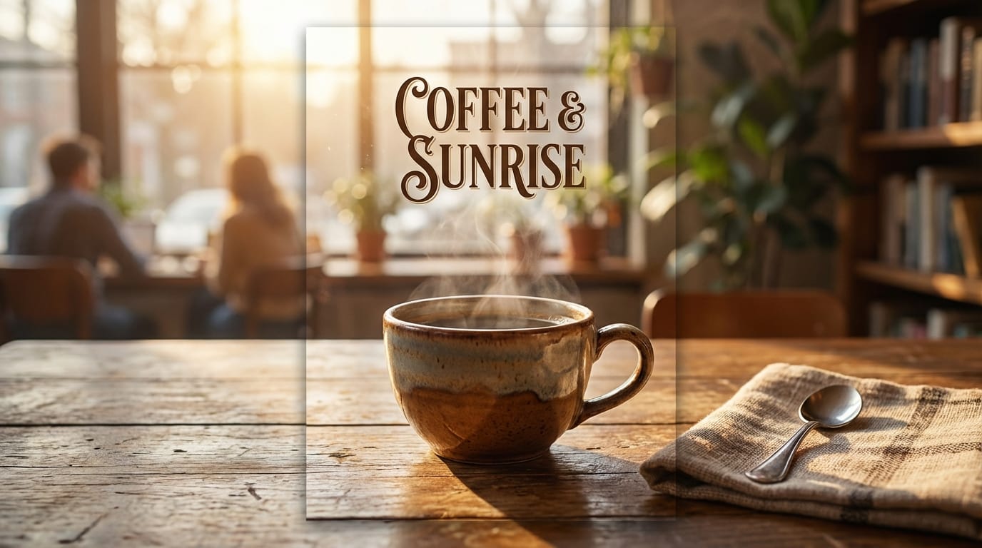 A cozy coffee shop poster background, close-up of a steaming ceramic cup on a wooden table, soft morning sunlight streaming through a window, bokeh background, warm brown and golden tones, photorealistic style, inviting atmosphere