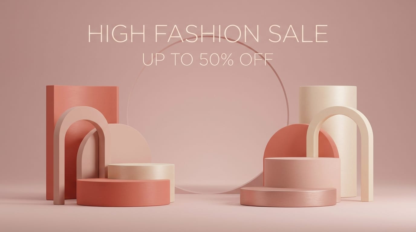 A high fashion sale poster background, abstract geometric podium in a pastel pink studio, soft studio lighting, 3D render style, elegant and clean, plenty of empty space in the center for product placement