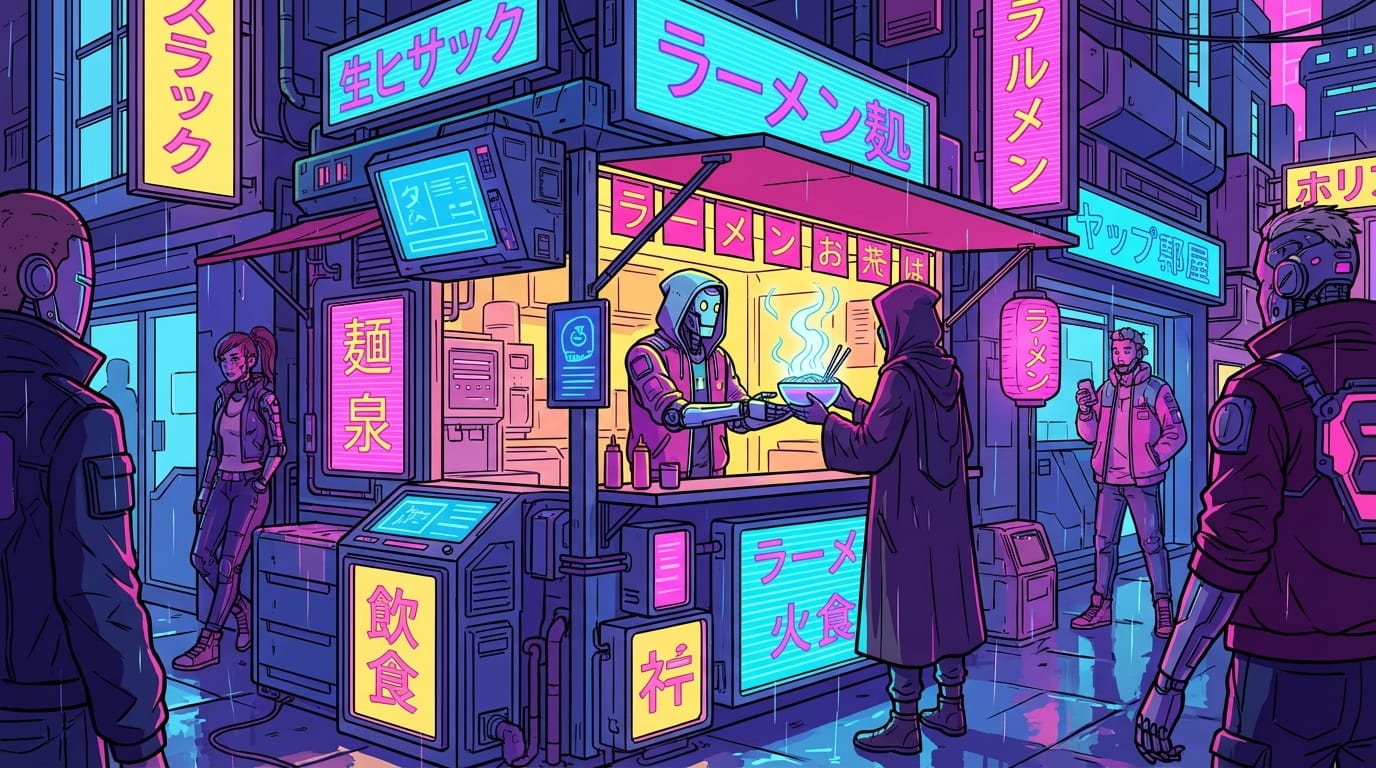 A cyberpunk street food vendor, cel shading style, vibrant flat colors, hard outlines, anime aesthetic, high contrast, 4k resolution