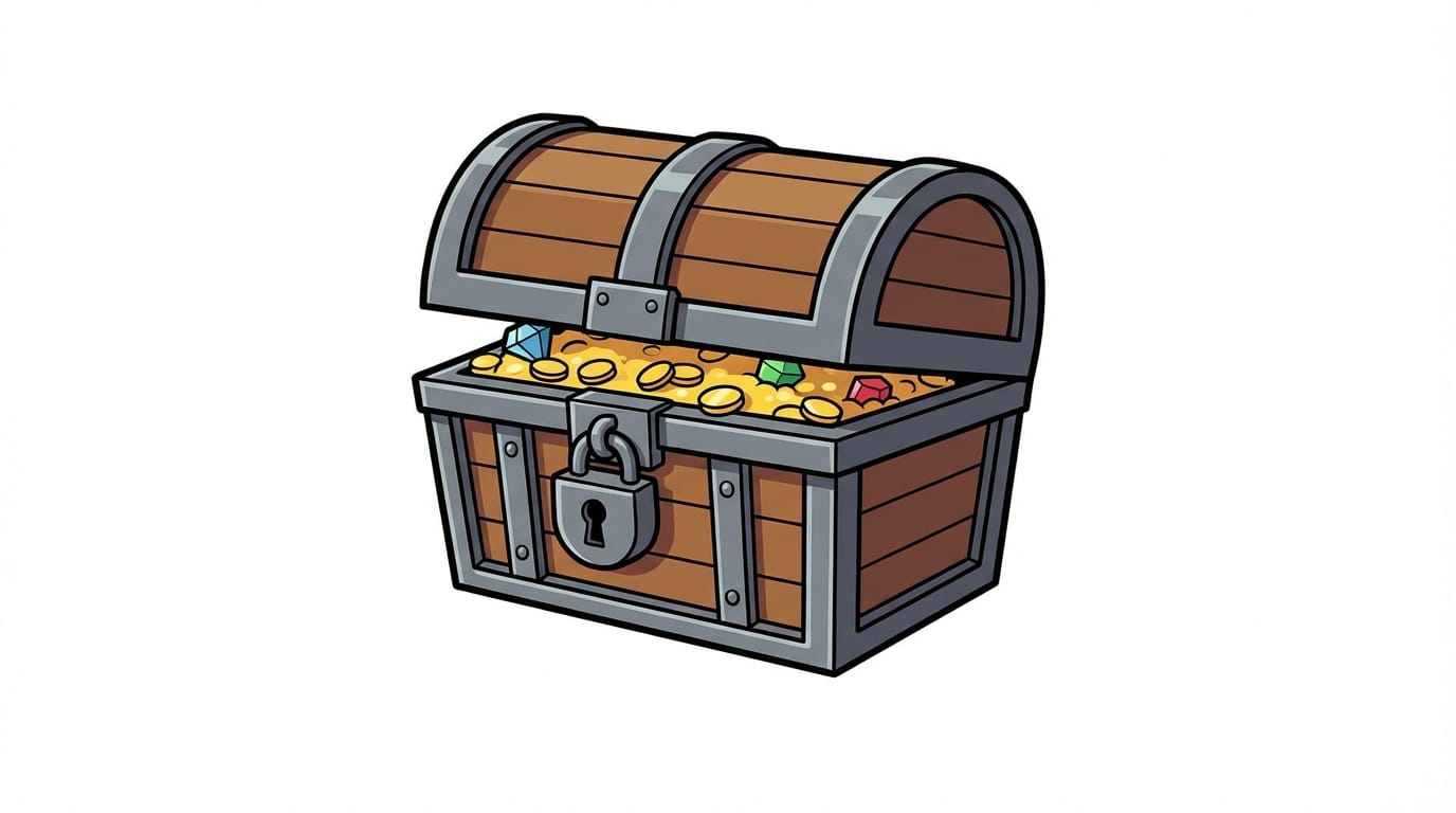 RPG game asset, treasure chest, cel shading, thick outlines, white background, flat color, vector style
