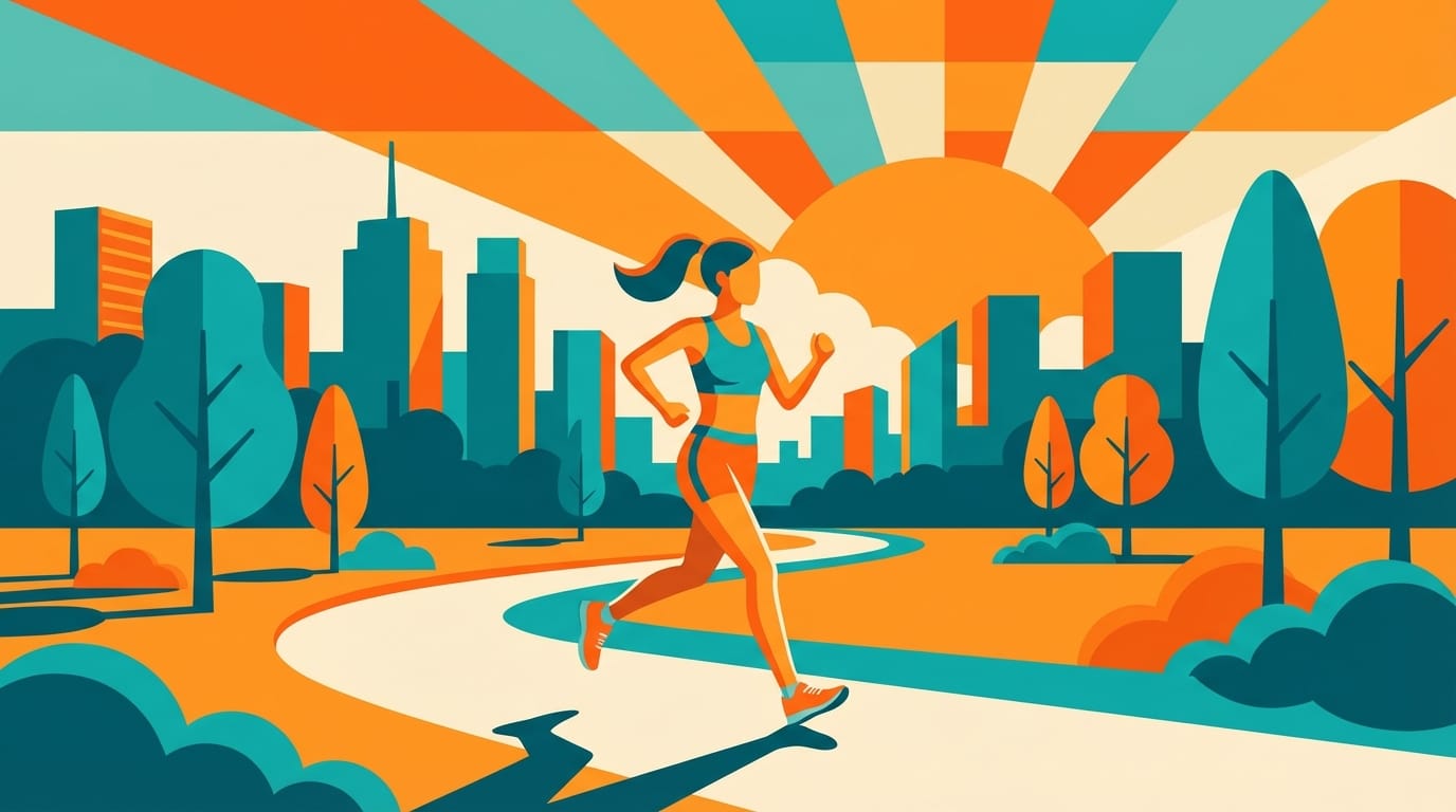 Flat illustration of a young woman jogging in a city park during sunrise, vector art style, vibrant orange and teal color scheme, simple shapes, no gradients, clean composition, inspiring and energetic atmosphere