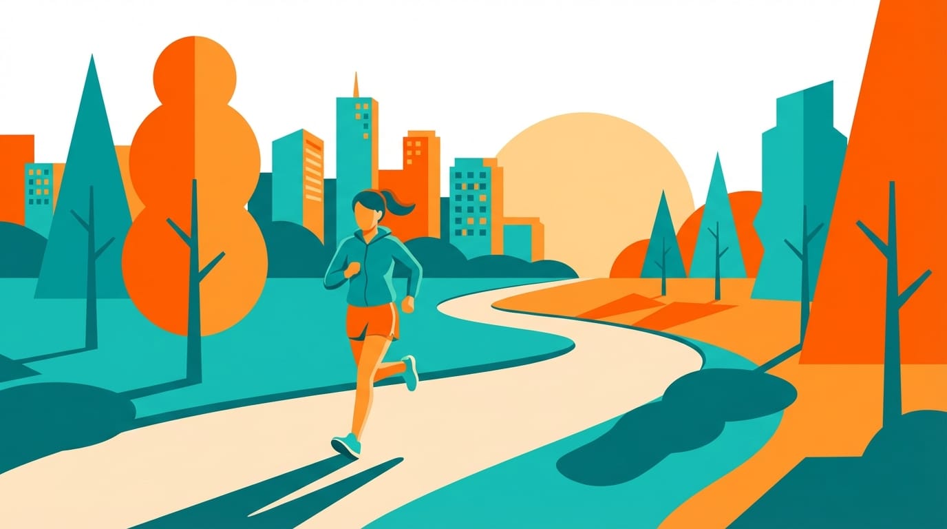 Flat illustration of a young woman jogging in a city park during sunrise, vector art style, vibrant orange and teal color scheme, simple shapes, no gradients, clean composition, inspiring and energetic atmosphere
