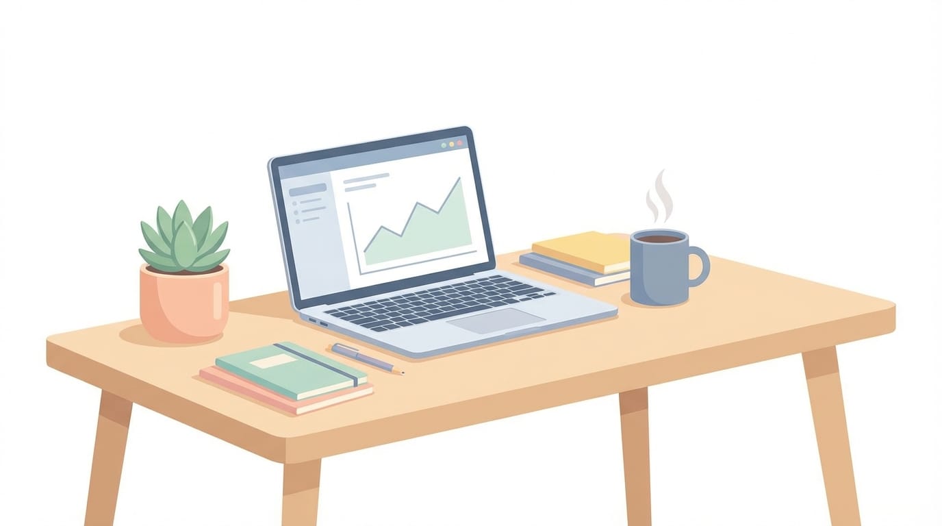 flat vector illustration of a modern workspace with a laptop, potted plant, and coffee cup on a clean desk, pastel colors, white background, minimalist style