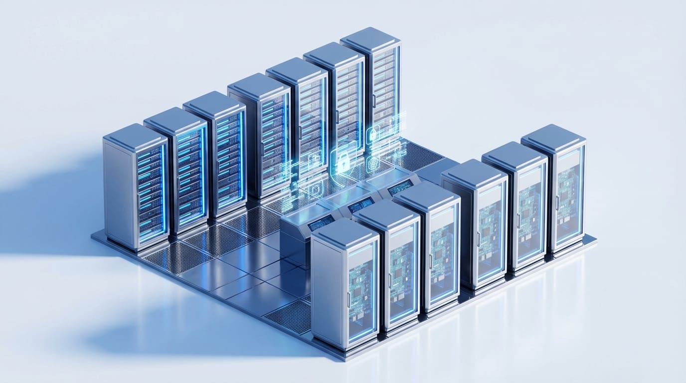 A high-quality 3D render of a futuristic data server room with glowing blue neon lights, sleek metallic surfaces, isometric perspective, clean composition, focus on technology and security, soft shadows, white background