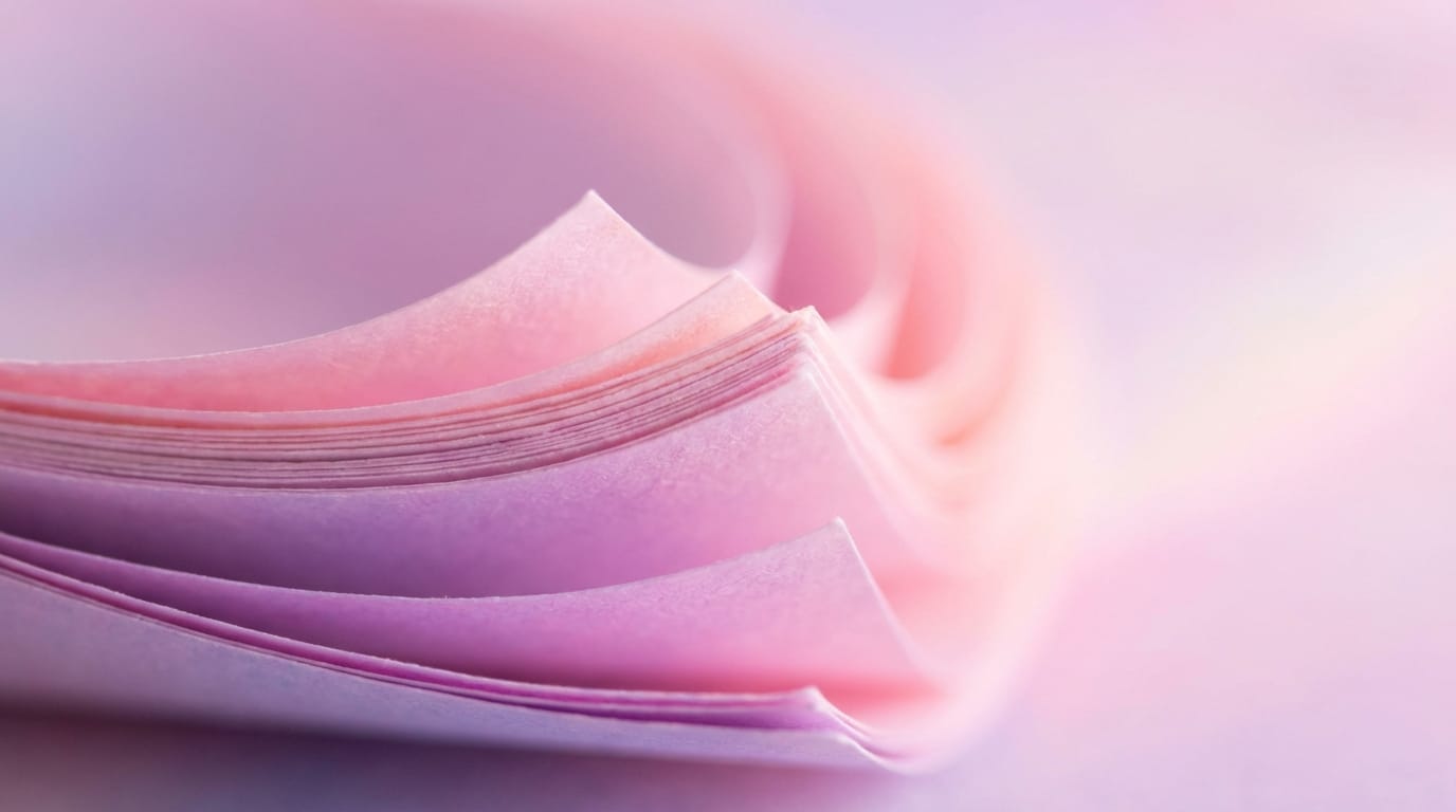 Macro photography of colorful paper layers with smooth curves, soft pastel gradients in pink and purple, shallow depth of field, soft studio lighting, creating a dreamy abstract background texture