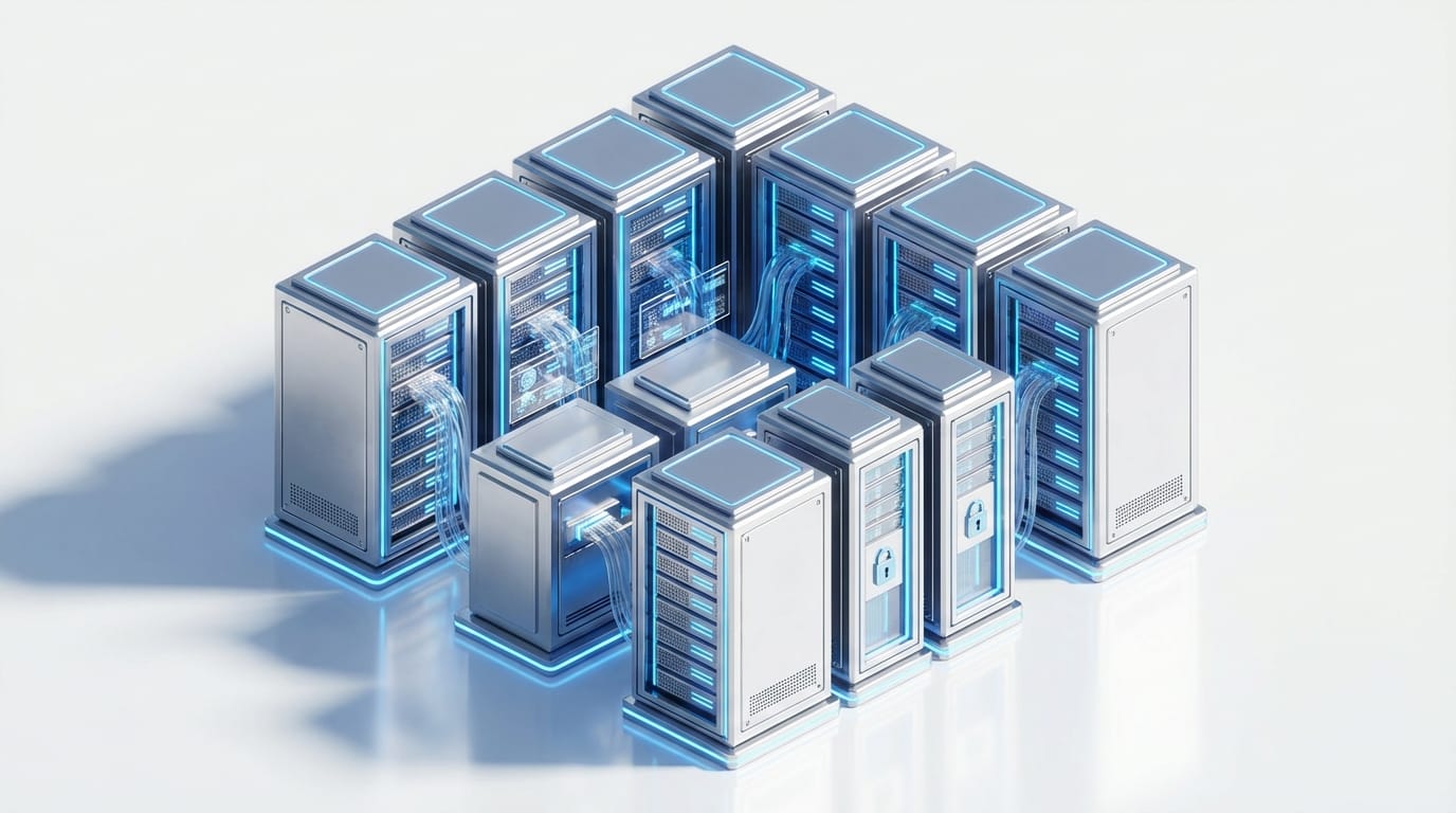 A high-quality 3D render of a futuristic data server room with glowing blue neon lights, sleek metallic surfaces, isometric perspective, clean composition, focus on technology and security, soft shadows, white background