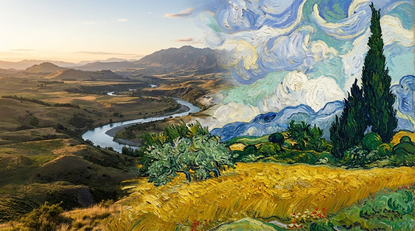 A landscape turning from a realistic photo into a van gogh style oil painting on canvas, visible texture transition, cinematic lighting