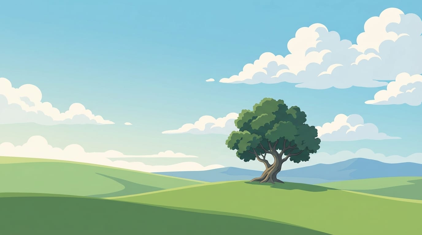minimalist landscape, anime style, rolling hills, single tree, blue sky, flat colors, ghibli inspired simplicity