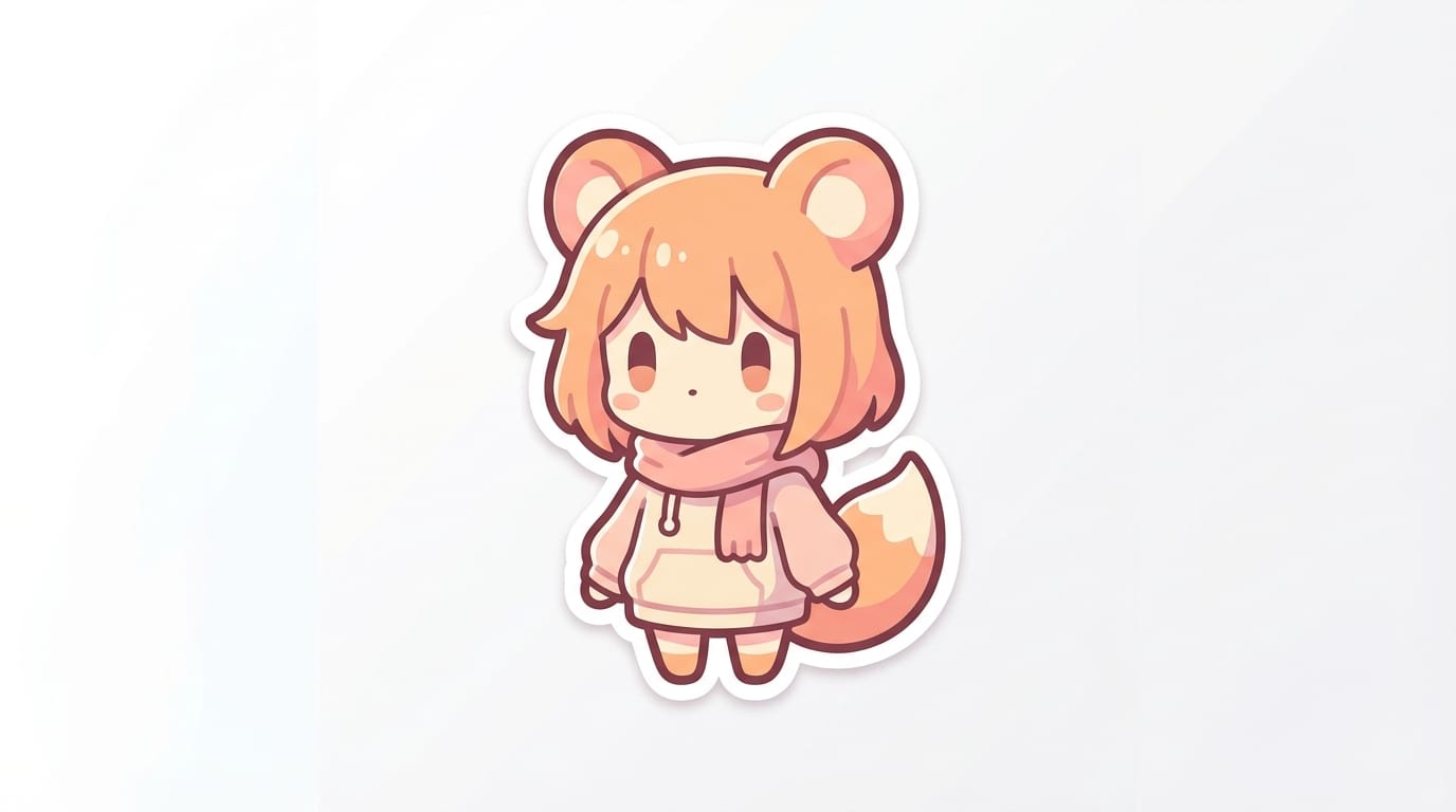 minimalist sticker design, chibi anime character, cute fox girl, flat vector graphics, thick white outline, simple shapes, pastel colors, isolated on white background