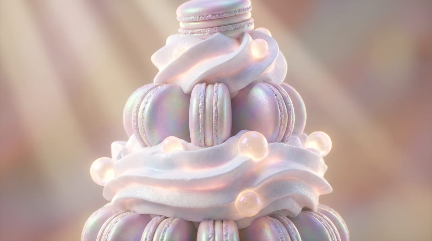 Close up shot of a futuristic dessert, pastel colors, macarons and cream, soft volumetric lighting, cinematic depth of field, slow motion