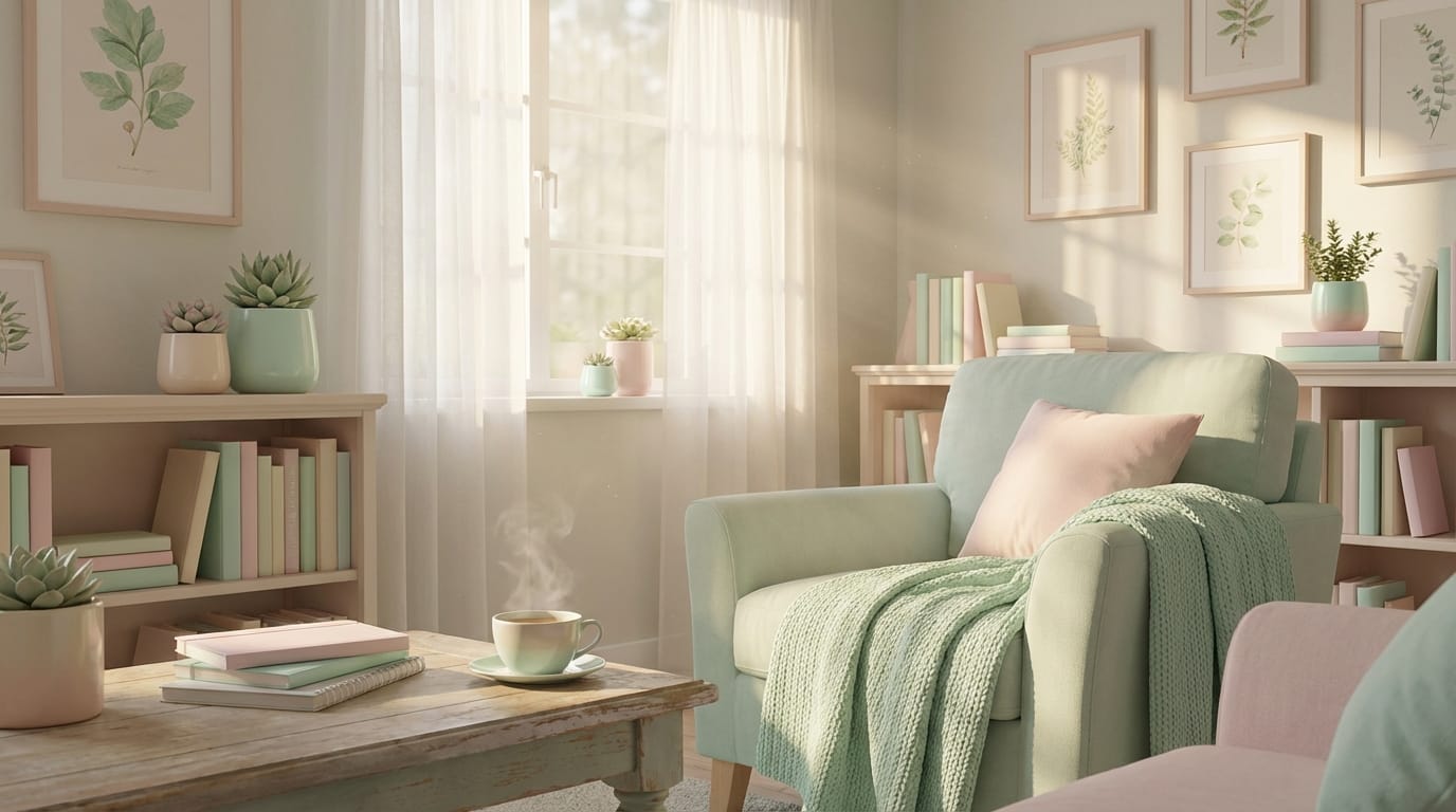 Cinematic slow motion video, a cozy room with pastel aesthetic decor, soft sunlight streaming through sheer curtains, mint green and pale pink color palette, high detail, 4k