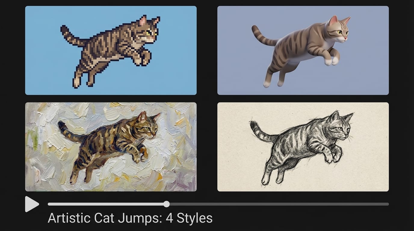 A grid of 4 video thumbnails showing the same cat jumping but in 4 different art styles: pixel art, 3d render, oil painting, and charcoal sketch