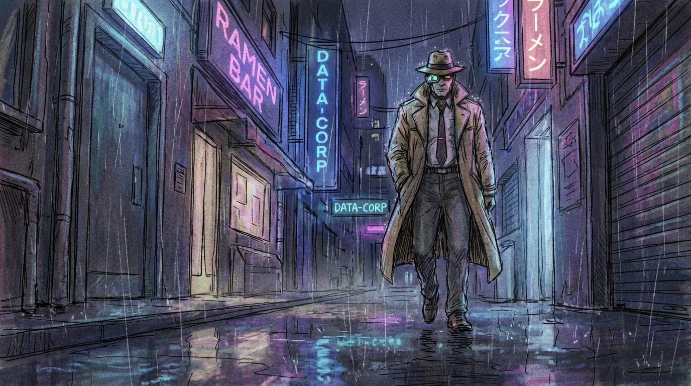 A cyberpunk detective walking down a rainy neon street, low angle camera shot, lo-fi anime style, rough sketch aesthetic, cinematic lighting, 4k.