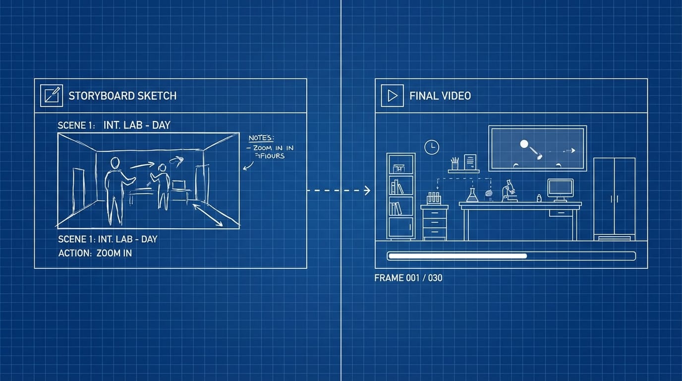 A split screen showing a storyboard sketch turning into a video, minimalist style, blue and white technical drawing aesthetic