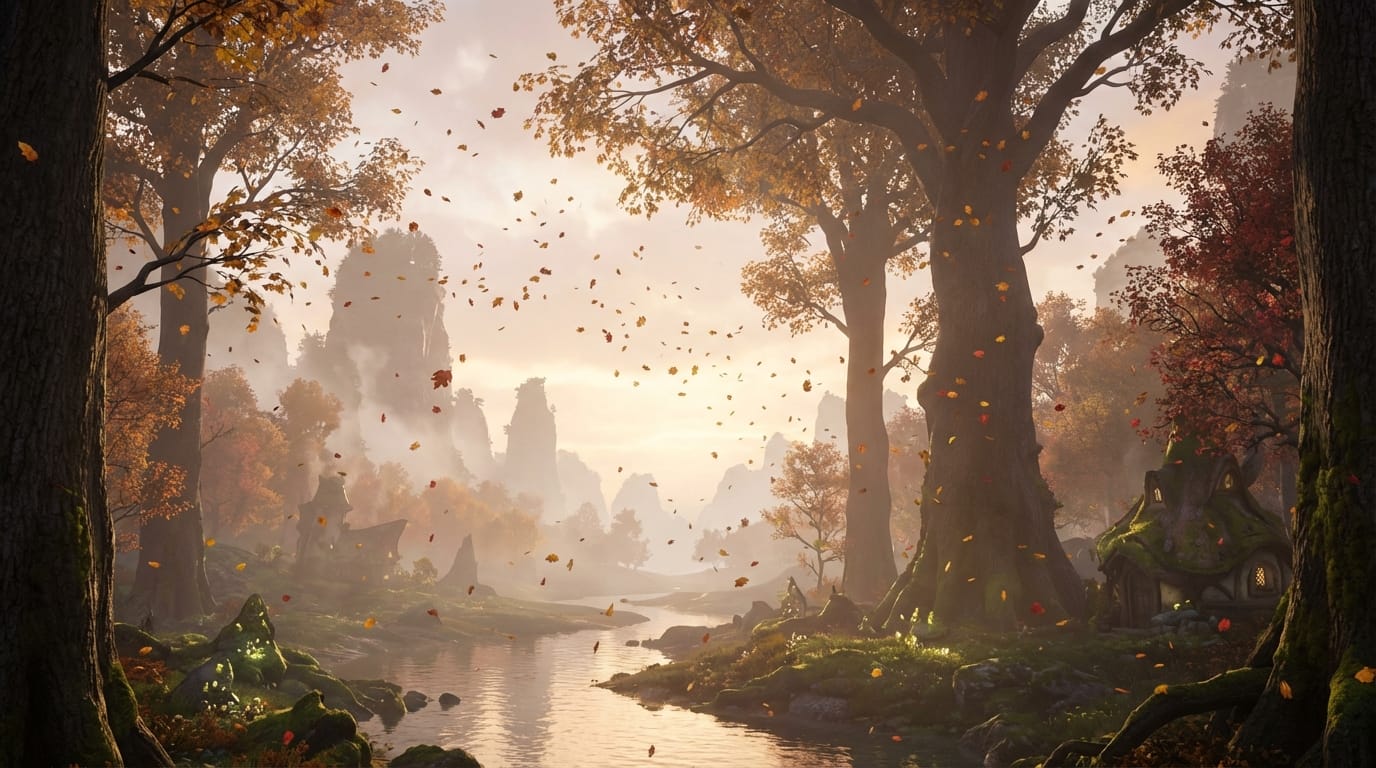 Camera pans slowly to the right, trees swaying in the wind, falling leaves, fantasy landscape, peaceful atmosphere.