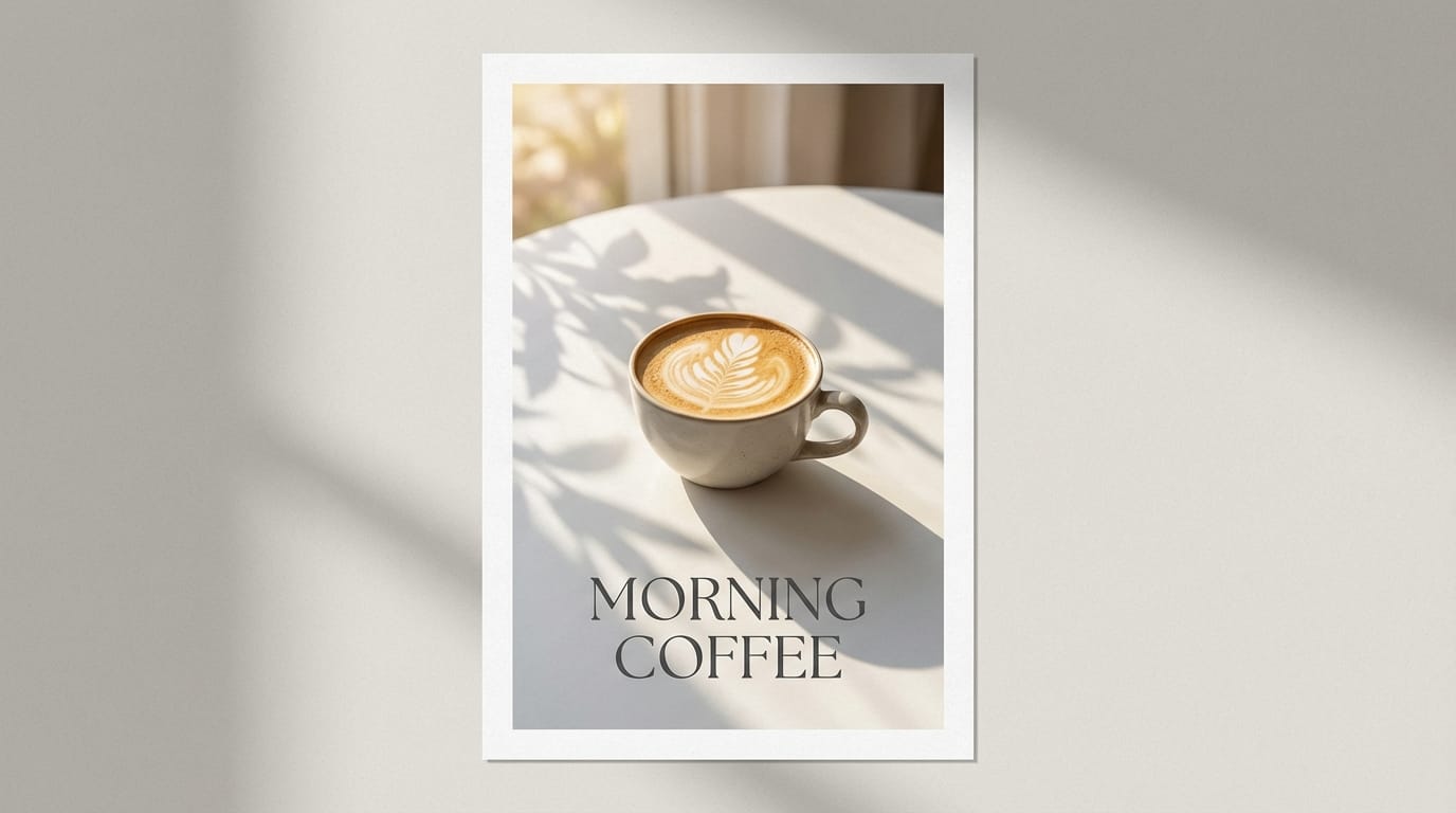 A minimalist poster design for a coffee shop, a ceramic cup of latte art on a white table, soft morning sunlight, shadows of leaves, text 'MORNING COFFEE' in elegant serif font, clean composition, 4k