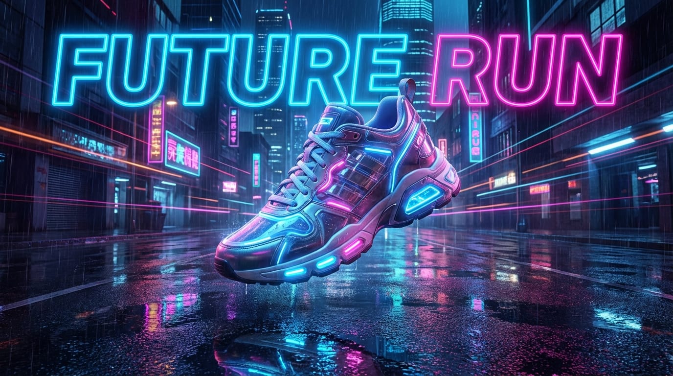 A futuristic cyberpunk sneaker advertisement poster, neon blue and pink lighting, wet pavement background. A high-tech sneaker floating in the center. Large bold glowing text "FUTURE RUN" at the top. 8k resolution, cinematic composition, highly detailed texture.