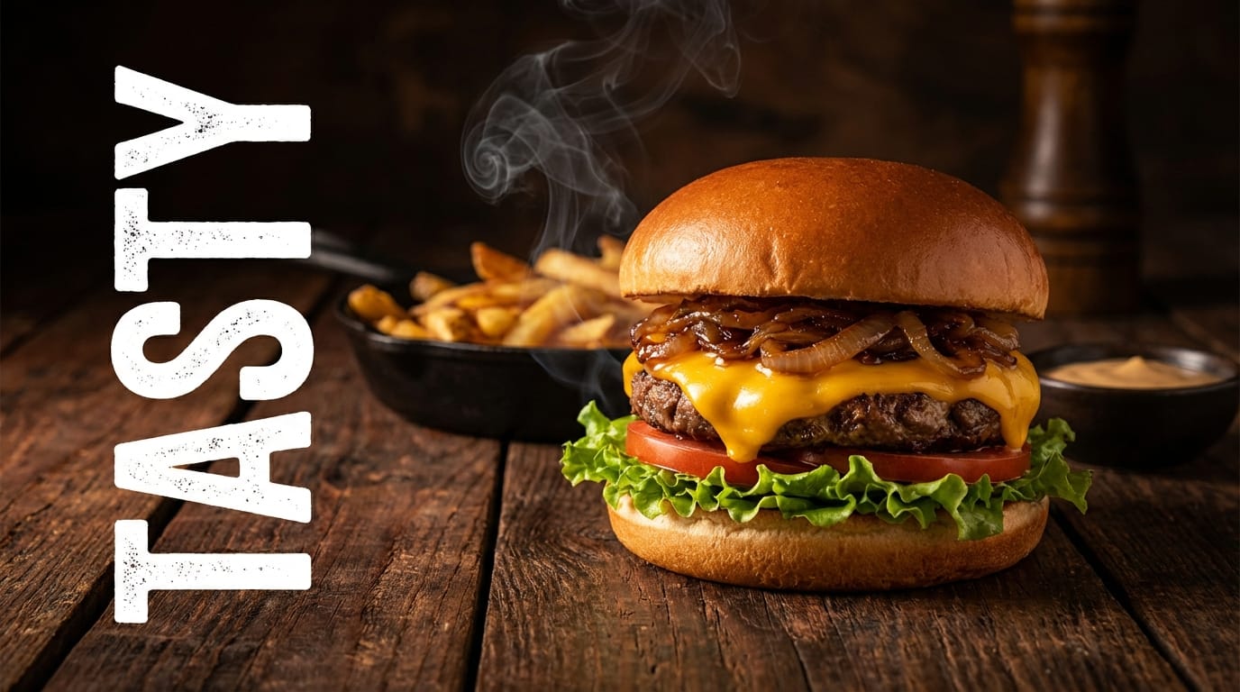 Professional food photography poster, a delicious gourmet burger with melting cheese, fresh lettuce, dark wooden table background, dramatic lighting, smoke effect, text "TASTY" on the side, 4k quality, photorealistic.