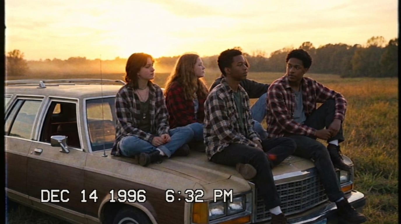 1990s home video footage, vhs style, a group of teenagers sitting on a car hood watching the sunset, grainy texture, date stamp in corner, nostalgic vibe