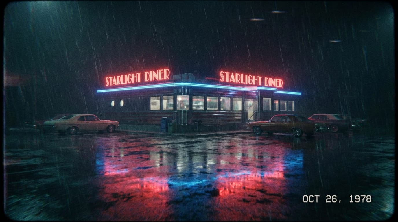 cinematic shot, 8mm film style, a lonely diner at night, neon lights reflecting on wet pavement, rainy atmosphere, slow pan, vintage aesthetic