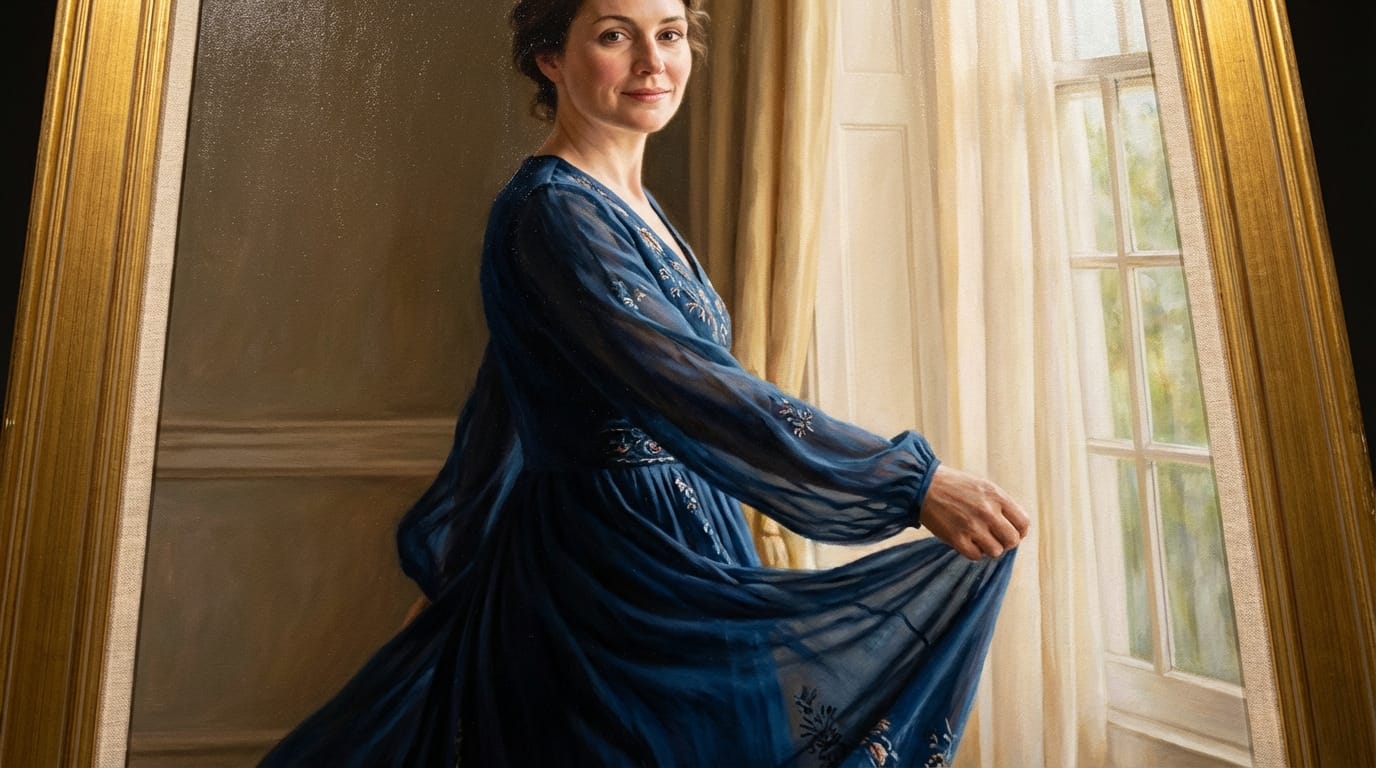 The woman in the portrait gently turns her head to look at the camera, a subtle smile forming on her lips, wind gently moving the fabric of her dress, maintaining the exact lighting and texture of the original image, high fidelity, realistic movement.