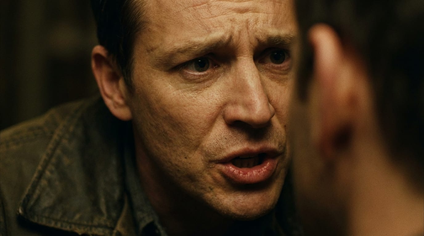 A close-up of a man whispering a secret, lips moving naturally in sync with silent speech, expression of urgency and concern, cinematic lighting, shallow depth of field, realistic facial muscle movement.