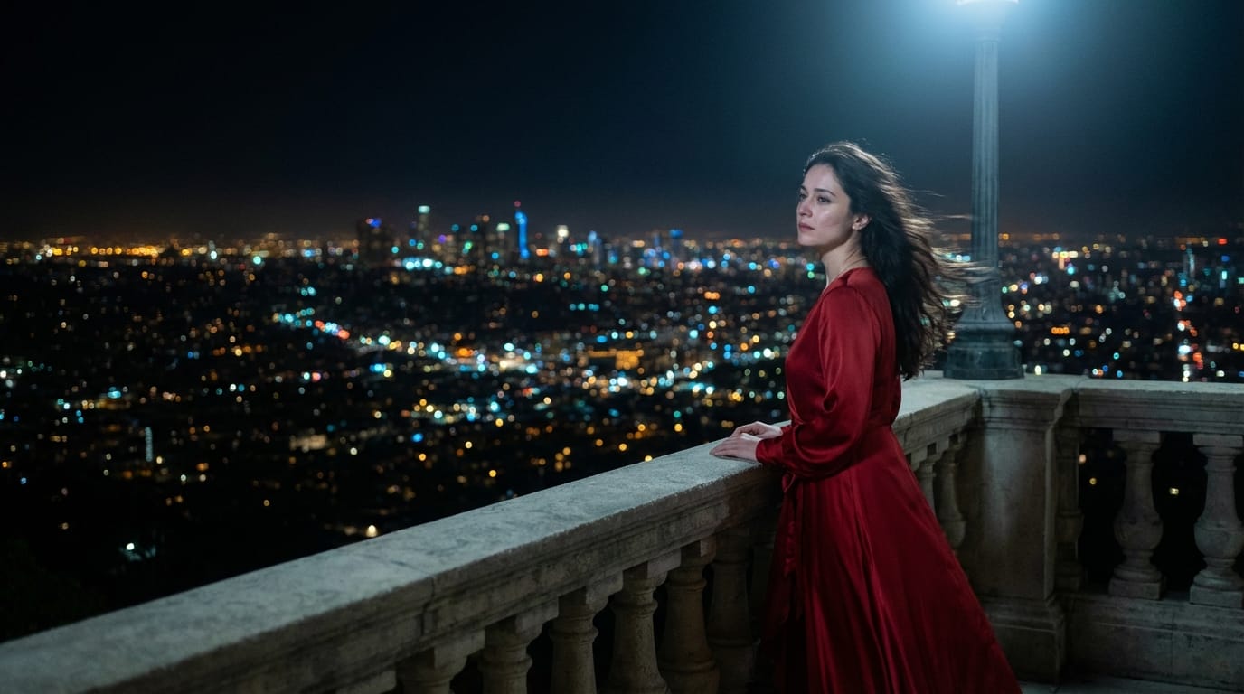 Cinematic shot of a woman in a red silk dress standing on a balcony at night, city lights blurring in the background, wind gently blowing her hair, melancholic and elegant atmosphere, 8k resolution