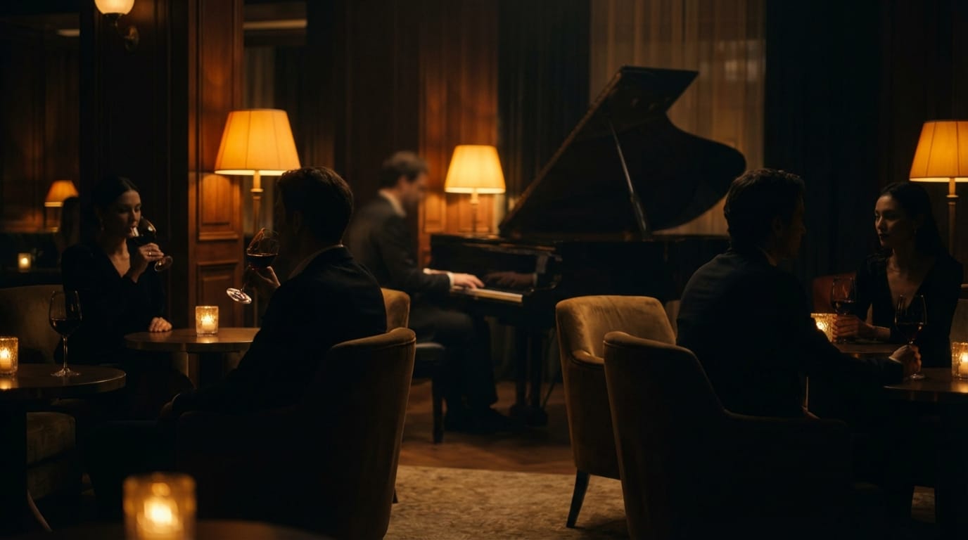 A cinematic wide shot of a luxury jazz lounge at midnight, a pianist playing softly in the background with focus on their hands, low ambient lighting with warm gold tones, patrons sitting in shadows sipping wine, elegant and sophisticated atmosphere, 4k resolution, smooth camera pan to the right.