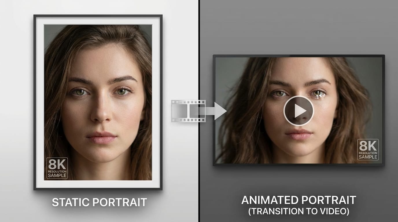 Split screen comparison of a static portrait versus the same portrait with subtle animation, showing the transition from still to video