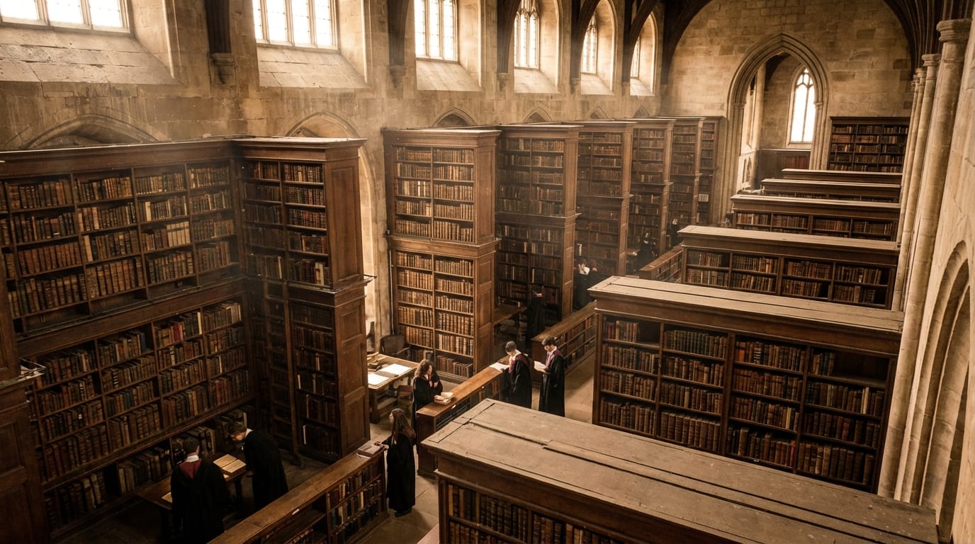 Cinematic drone shot flying over an ancient library filled with books, dust motes dancing in the light, 4k, scholarly atmosphere.