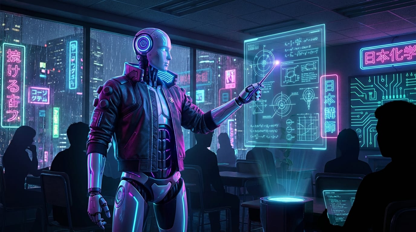A futuristic robot teacher pointing at a holographic blackboard, cyberpunk style, neon lights, engaging and dynamic.