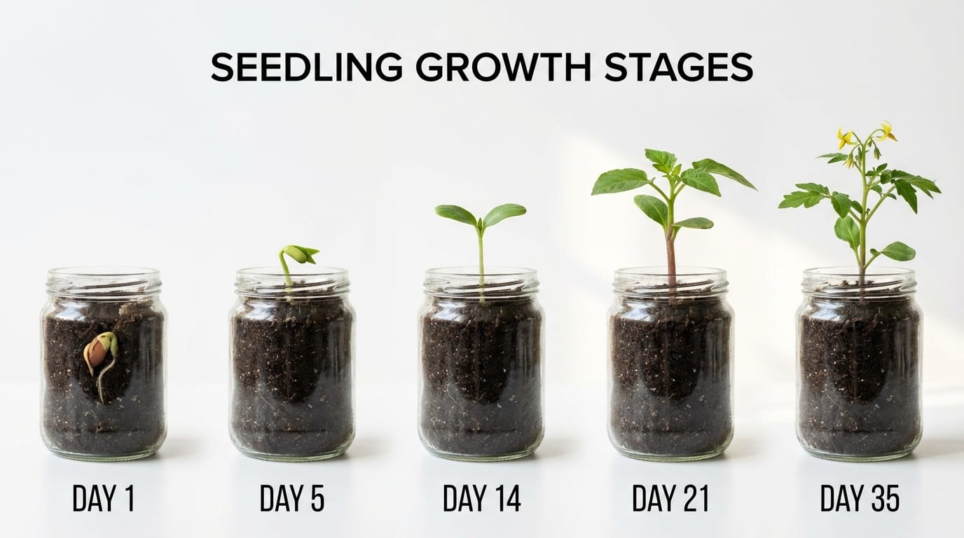 A time-lapse animation of a seedling sprouting from the soil and growing into a small plant, educational style, clear background, realistic lighting.