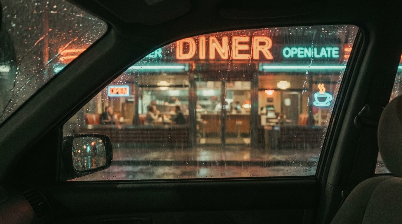 A retro diner interior seen through a rainy window, neon lights flickering, consistent with the reference image color palette, melancholic mood, cinematic 35mm film look, steady camera holding the shot