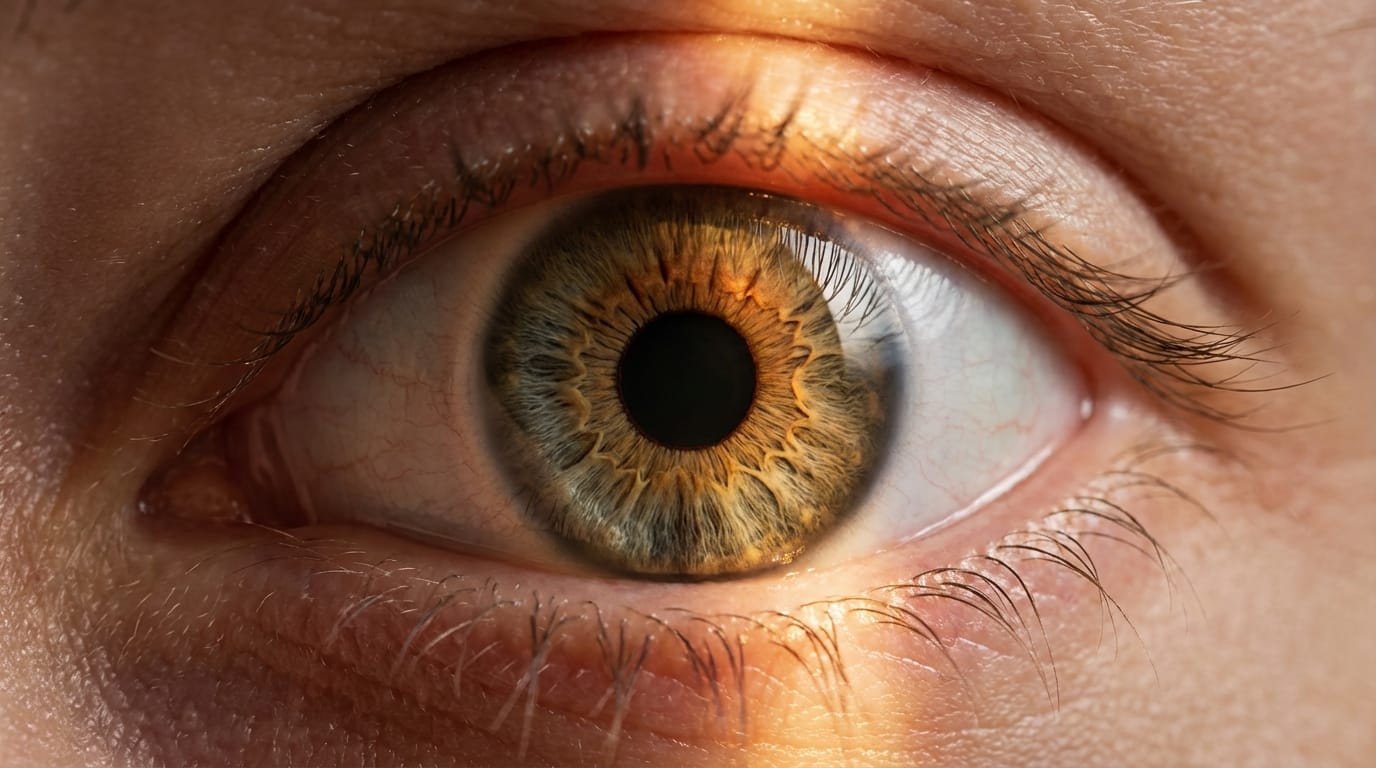 Extreme close-up of a human eye, the iris contracts slightly in response to light, high fidelity skin texture, realistic eyelashes, sharp focus, cinematic lighting, very subtle movement
