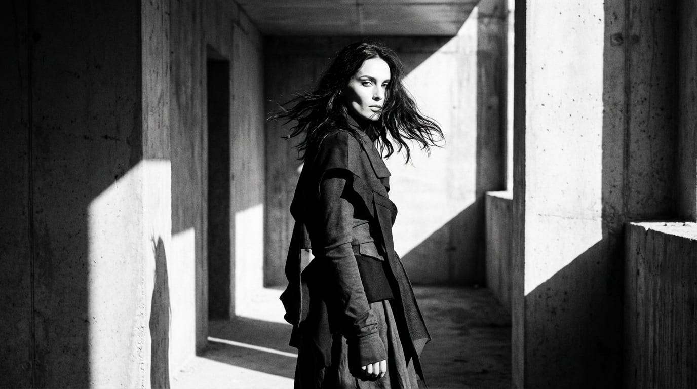 A stylish fashion model wearing avant-garde clothing standing in a brutalist concrete hallway, harsh shadows, high contrast black and white photography style, the model slowly turns her head to face the camera, wind blowing through hair, highly detailed facial features, photorealistic 8k resolution