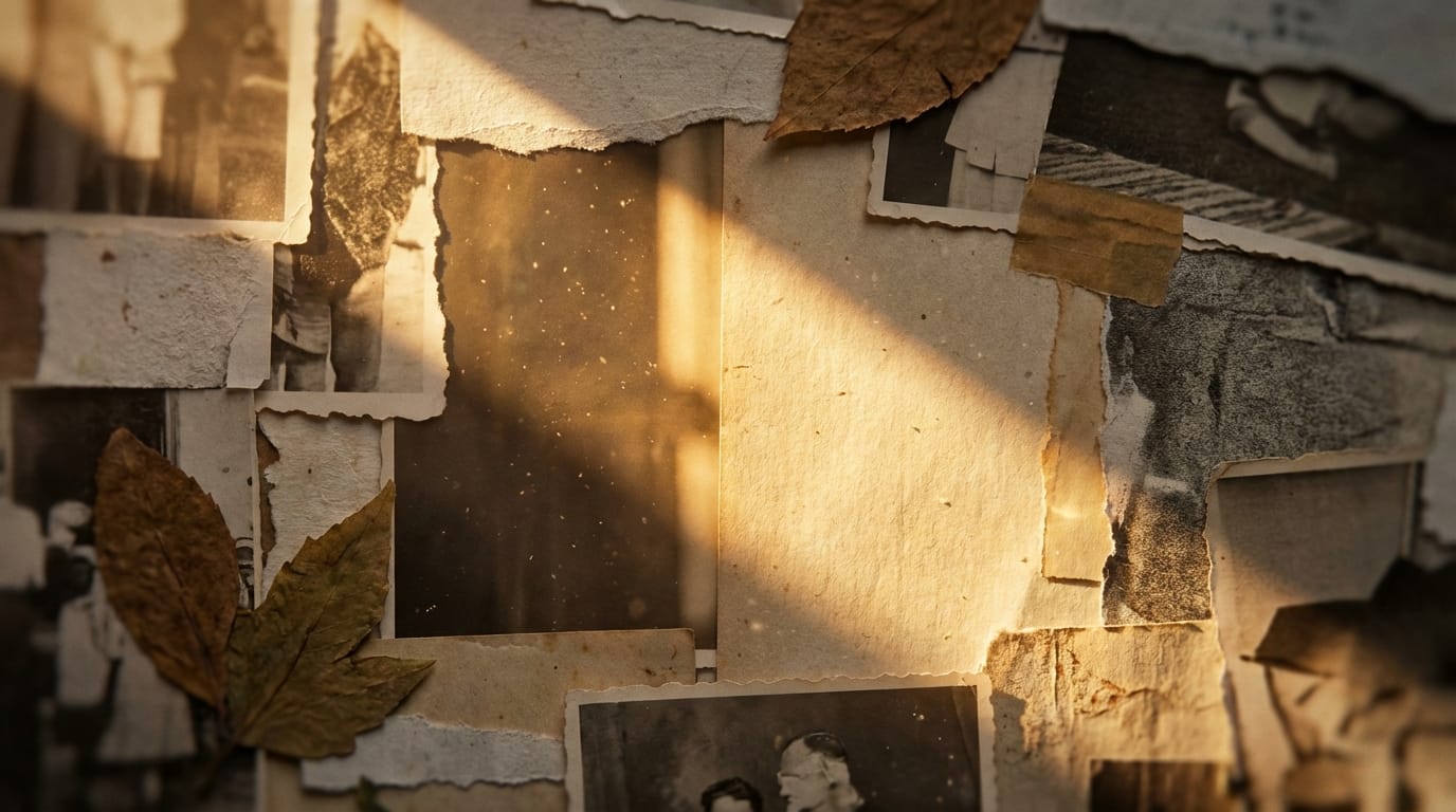 A slow camera zoom into the center of the image, the paper textures remain static while the lighting shifts dynamically across the scene, dust motes dancing in the light, maintaining the original collage art style, cinematic movement