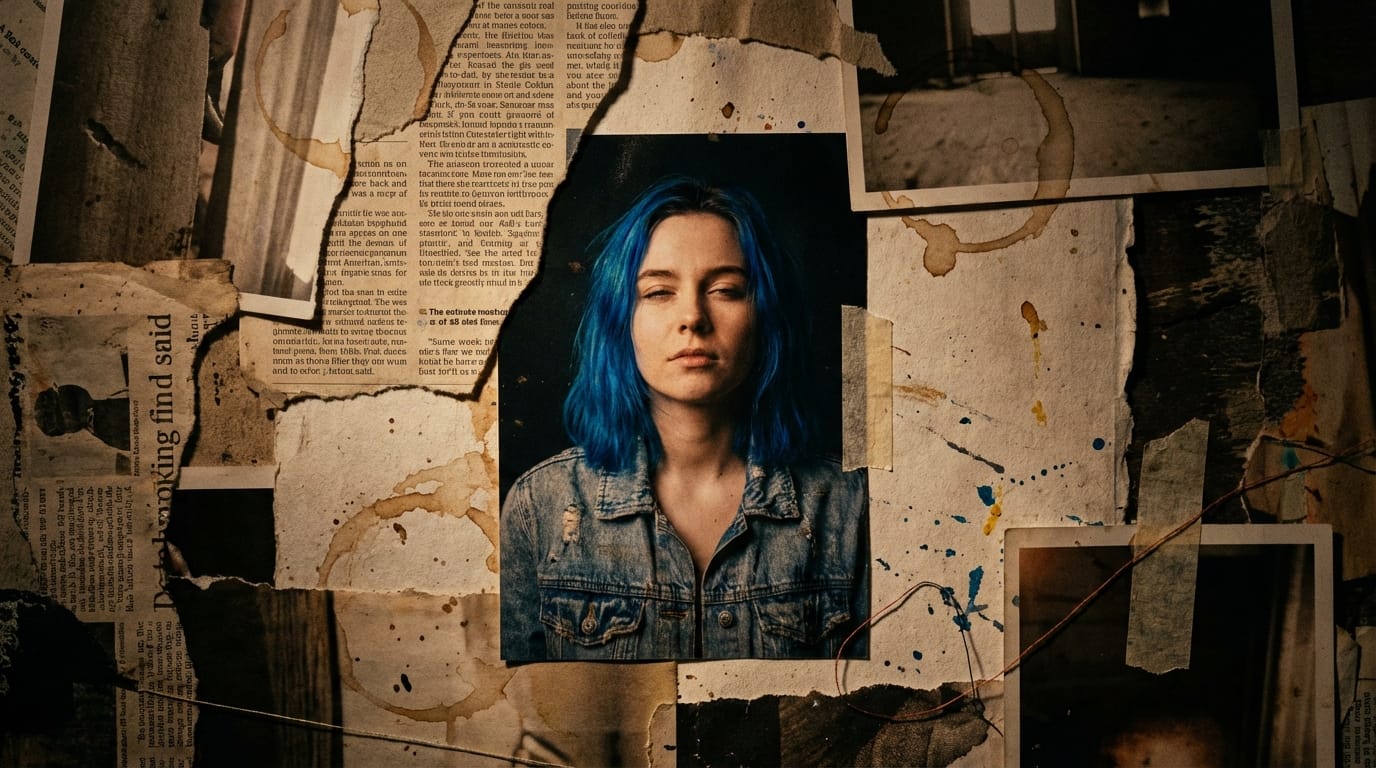 A moving collage style video, torn paper textures, grunge aesthetic, a young woman with blue hair looking at the camera, subtle blinking, mixed media art style, cinematic lighting
