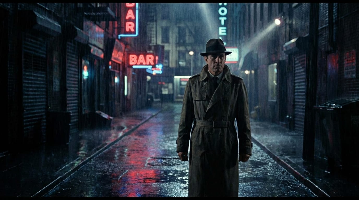 Cinematic shot, 35mm film grain, medium shot of a detective standing in a rainy alleyway at night, neon lights reflecting on wet pavement. Execute a dolly zoom effect: camera moves backward while zooming in, compressing the background perspective while the detective remains focused. High contrast, noir lighting, tense atmosphere.