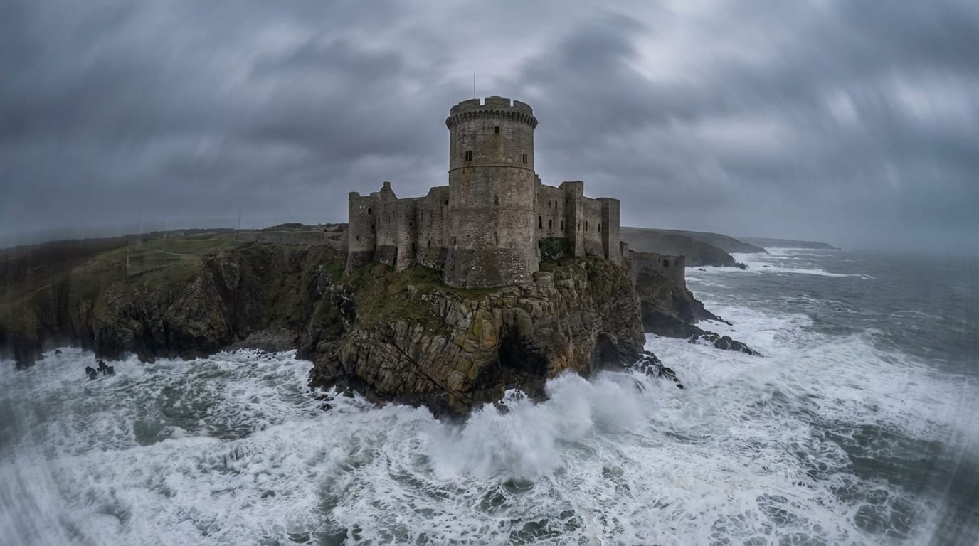 Wide angle drone shot, majestic ancient castle on a cliff edge overlooking a stormy ocean. Camera performs a slow orbit movement around the main tower, revealing the crashing waves below. Overcast sky, epic scale, photorealistic texture, 4k resolution, smooth motion.