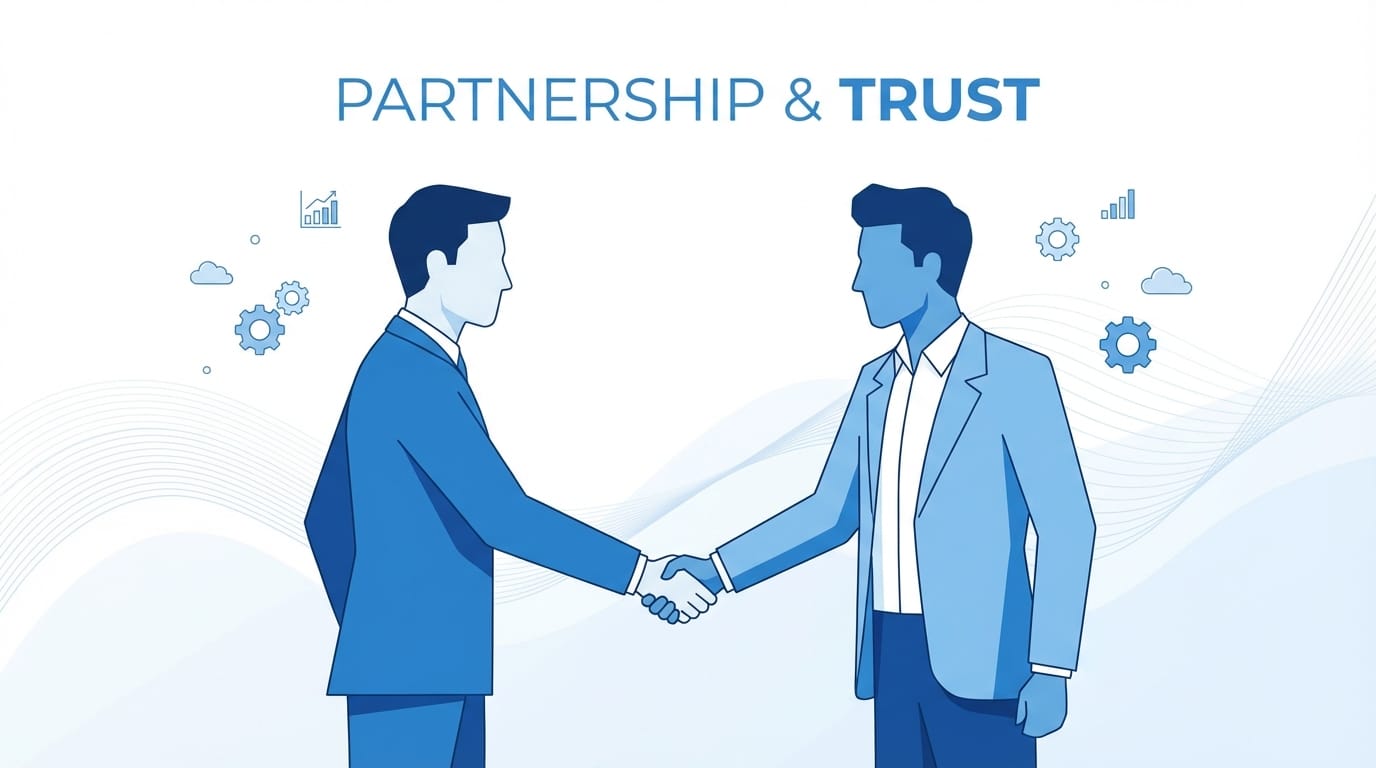 Corporate explainer video style, flat design, 2D vector graphics, business people shaking hands, blue and white color palette, minimal, icon style
