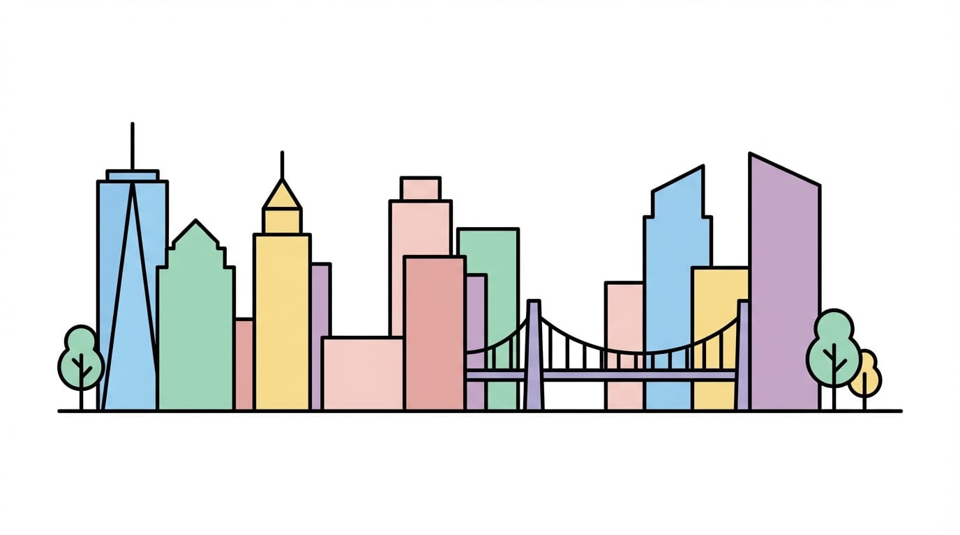 Flat design animation style, minimalist city skyline, vector art, solid pastel colors, 2D, no shadows, no gradients, clean lines, white background
