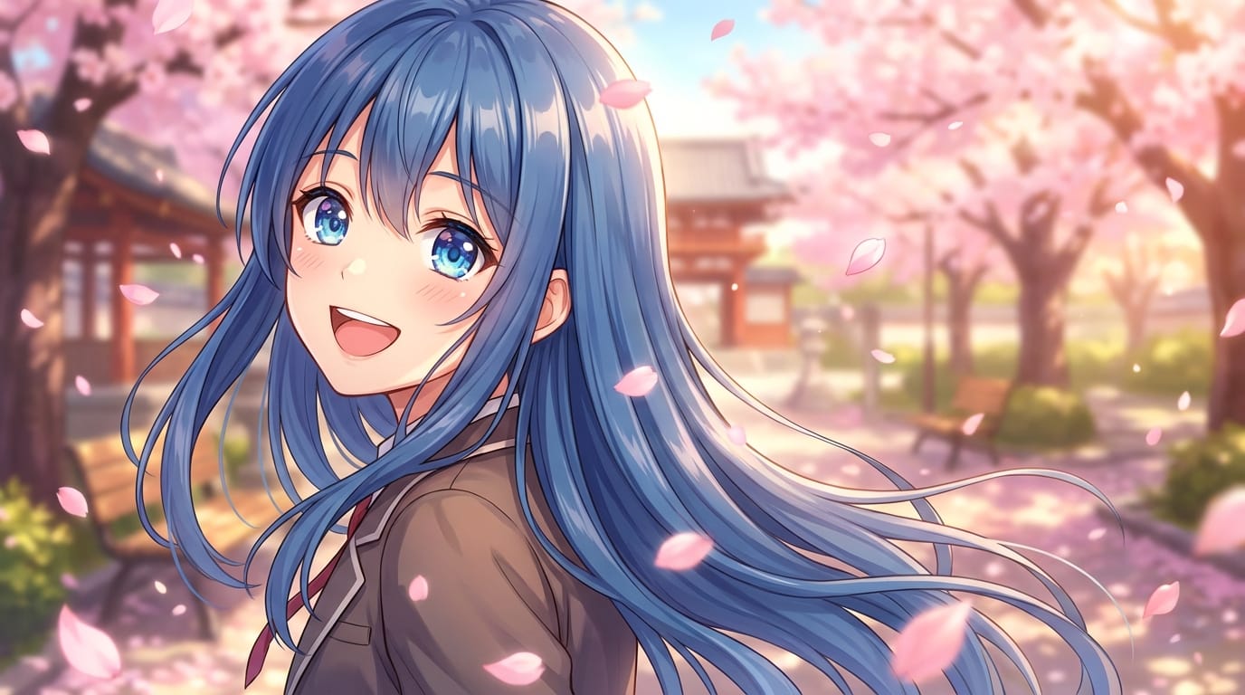 Anime style, a young girl with blue hair turning around and smiling at the camera, cherry blossoms falling in the foreground, detailed eyes, vibrant colors.