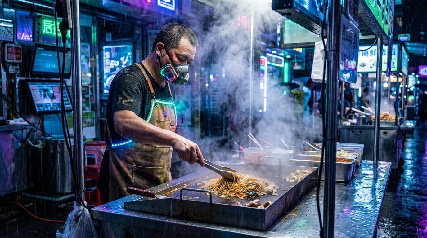 A cinematic close-up of a futuristic cyberpunk street food vendor cooking, steam rising naturally, neon lights reflecting in the rain, 4k, highly detailed