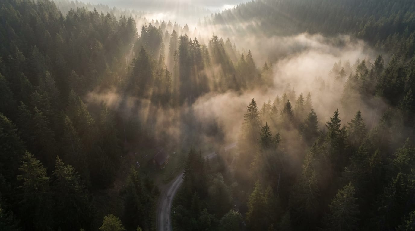Cinematic drone shot flying over a misty pine forest at sunrise, golden light piercing through the trees, volumetric fog, photorealistic, 4k.