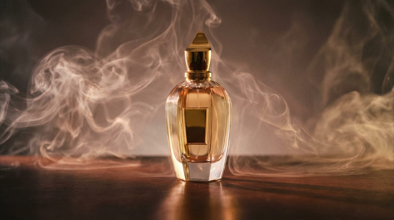 The camera slowly orbits around the perfume bottle, soft smoke swirls in the background, elegant lighting changes, slow motion.