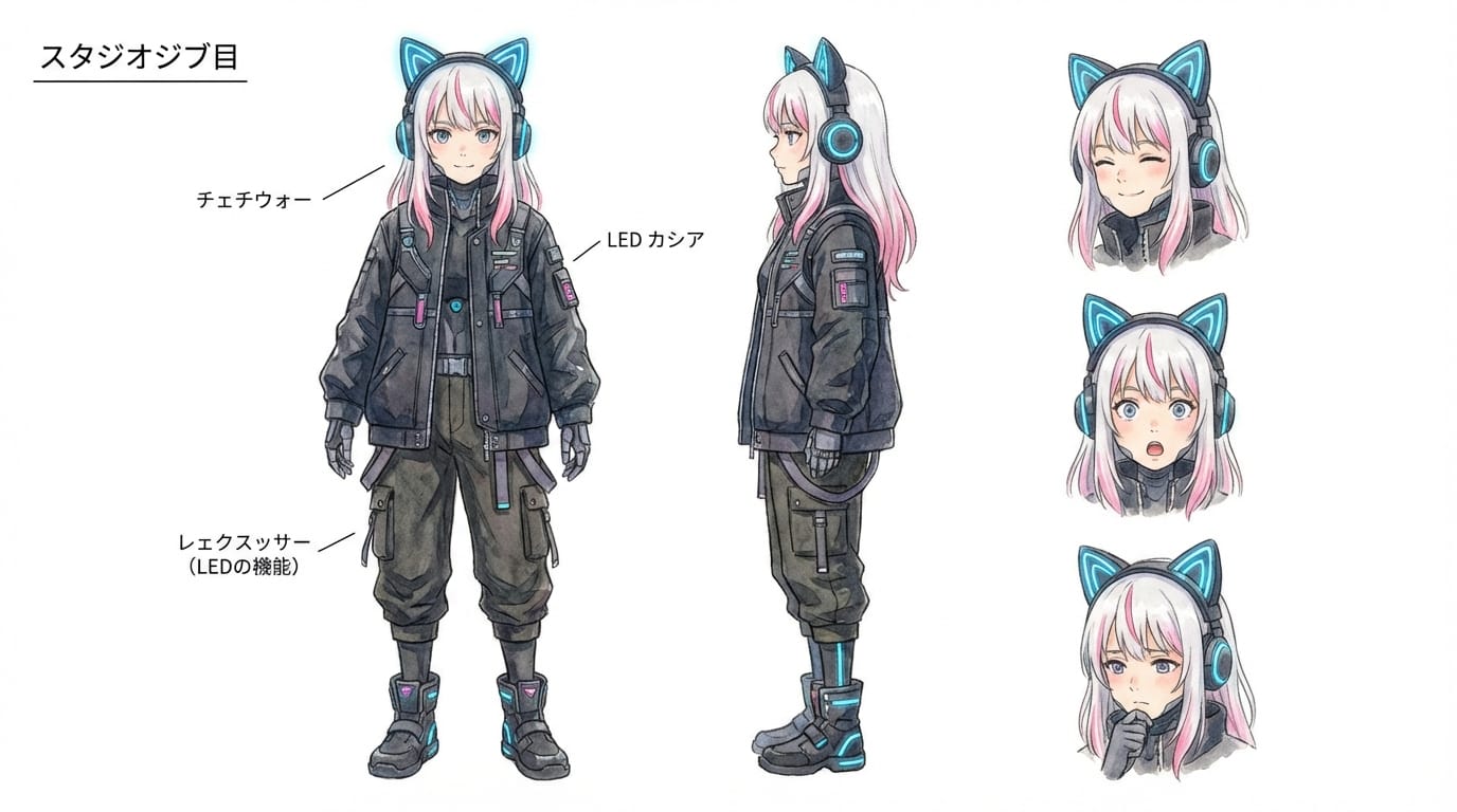 anime style character sheet of a vtuber, cybernetic cat girl with neon headphones, white hair with pink streaks, detailed techwear outfit, three different expressions, front view and side view, clean white background, studio ghibli style --niji 7