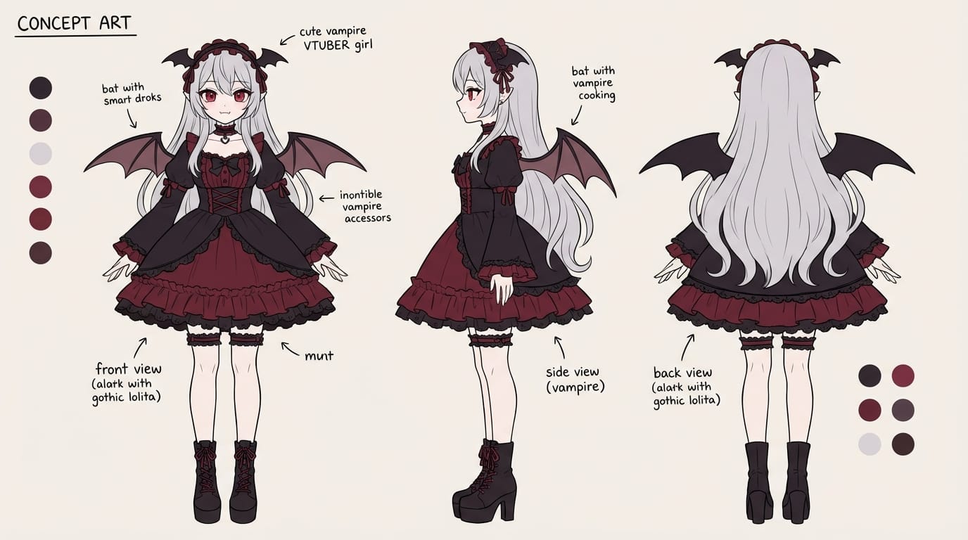character design sheet, full body, front view, side view, back view, cute vampire vtuber girl, gothic lolita dress, silver long hair, red eyes, bat wings, flat color, concept art, clean background --niji 7 --ar 3:2